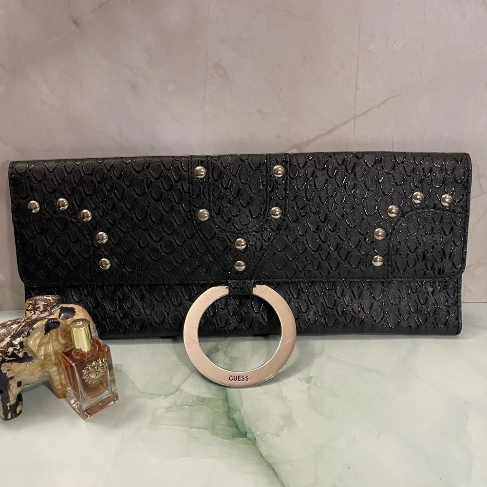 Guess Vintage Black Snake Skin Envelope Clutch Purse Y2K